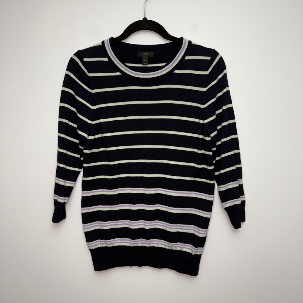 J.Crew Tippi 100% Merino Wool Navy Striped 3/4 Sleeve Sweater M 32914 Womens